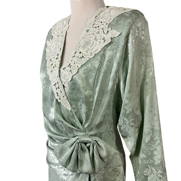 Scott McClintock Dress Green Damask Jacquard Lace Collar Size 10 Vintage 1980s - Picture 5 of 10